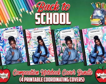 Back To School Printable Composition Notebook Cover Bundle Digital Download - Preppy Teen African American Girl - Blue