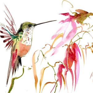 Watercolor Hummingbird in flight, original painting, one-of-a-kind home decor wall art, hummingbird lover gift