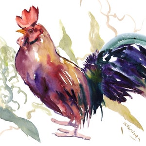 Watercolor Rooster painting, original wall art, Kitchen rooster artwork