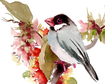 以下が含まれることがあります： 色とりどりの花が咲く枝に止まっている鳥の水彩画。鳥は黒い頭、灰色の体、ピンク色のくちばしをしています。花は赤、ピンク、黄色が混ざり合い、緑の葉があります。白い背景に描かれたアートワークです。