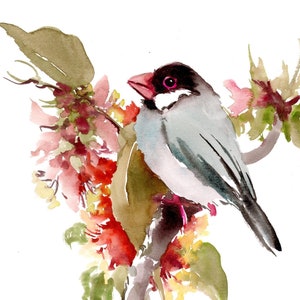 Op de afbeelding: Aquarel schilderij van een vogel die op een tak zit met kleurrijke bloemen. De vogel heeft een zwarte kop, een grijs lichaam en een roze snavel. De bloemen zijn een mix van rood, roze en geel, met groene bladeren. Het kunstwerk staat op een witte achtergrond.