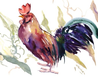 Watercolor Rooster painting, original wall art, Kitchen rooster artwork