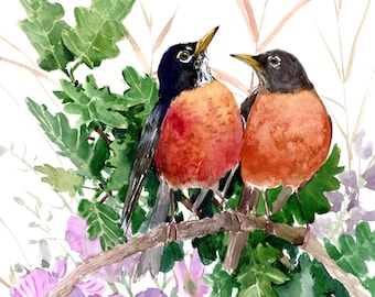 American Robins in the Woods watercolor artwork, original painting, birds and flowers wall art