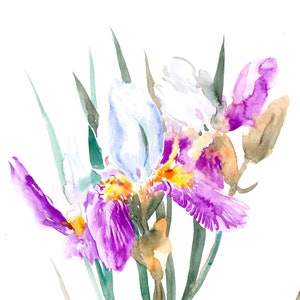 Oeuvre d&#39;art de fleurs d&#39;iris, art mural original peint à la main, décoration florale violette et blanche
