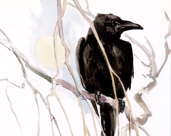 Crow and the moon, original watercolor painting