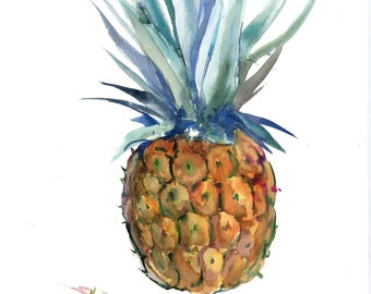 Pineapple watercolor artwork, hand painted original wall art