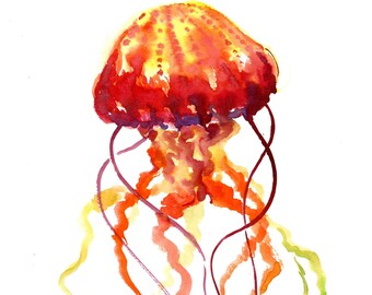 Jellyfish art, jellyfish artwork, watercolor yellow red jellyfish original painting, jellyfish wall art, pink purple jellyfish home decor
