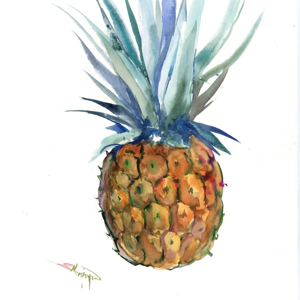 Pineapple watercolor artwork, hand painted original wall art