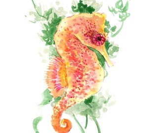 Pintura de acuarela de caballito de mar, arte original, obra de arte en color amarillo suave