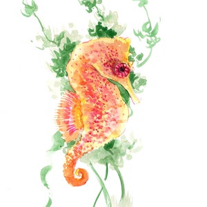 Seahorse Watercolor painting, original art, soft yellow colored artwork