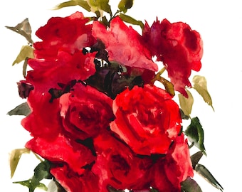 Rose rosse, opere d'arte di bouquet floreale, fiori ad acquerello originali che dipingono arte murale di rose rosse