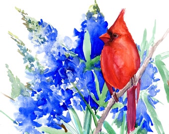 Red Cardinal and Bluebonnet Flowers watercolor painting, original artwork birds and flowers wall art