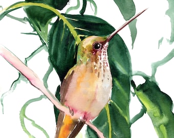 Hummingbird and tropical foliage, original watercolor painting, hummingbird watercolor wall art