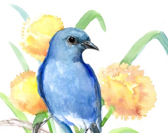 Mountains Bluebird watercolor artwork, original painting birds and flowers wall art