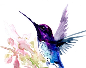 Hummingbird artwork, original watercolor painting, bird minimalist art