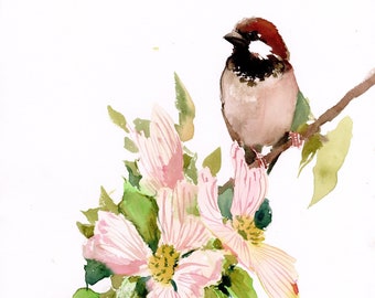 Sparrow and Dogwood Flowers artwork, origina, hand painted wall art