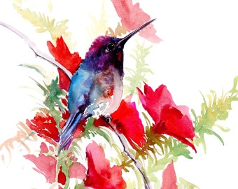 Hummingbird wall art, original watercolor painting, Bee-Hummingbird artwork