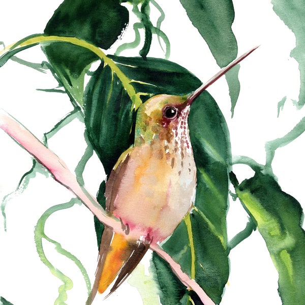 Hummingbird and tropical foliage, original watercolor painting, hummingbird watercolor wall art