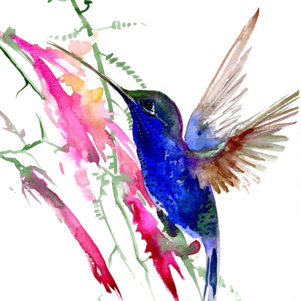 Hummingbird watercolor artwork, original, hand-painted watercolor wall art, flying birds and flowers tropical home decor