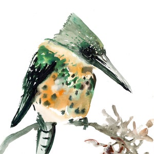 Green Kingfisher watercolor artwork, bird lover home decor, original bird painting