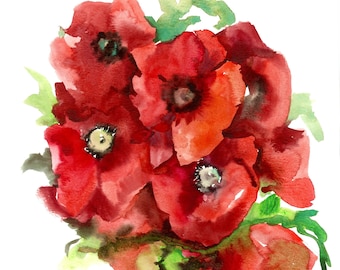 Red Poppies floral artwork, original hand painted watercolor art