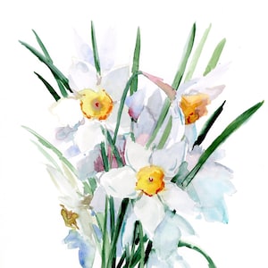 White Daffodil flowers watercolor painting, floral wall art, original painting