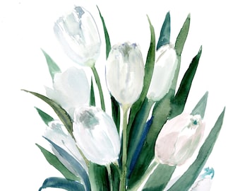 Peinture florale aquarelle de tulipes blanches, oeuvre d'art originale