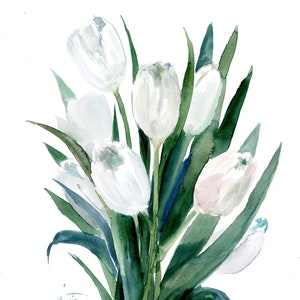 white tulips watercolor floral painting, original art