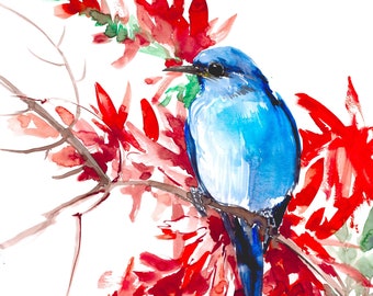 水彩画 山の青い鳥 アートプリント - 青い鳥の絵画 - Etsy 日本