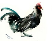 Black Rooster, Asian INK art, Zen Brush painting, feng shui rooster Chinese ink art