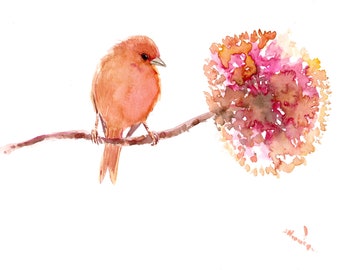 Peach Canary Bird on the Blooming Branch watercolor artwork, original painting birds and flowers wall art