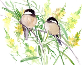 Chickadees and Blooming Tree artwork, original watercolor painting