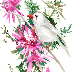 Zebra finch bird and Flowers original watercolor painting