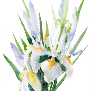 Obra de arte en acuarela de flores de iris blanco, arte mural floral original para decoración del hogar.