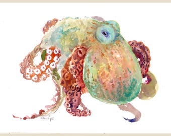 Octopus artwork, an original watercolor painting by artist Suren
