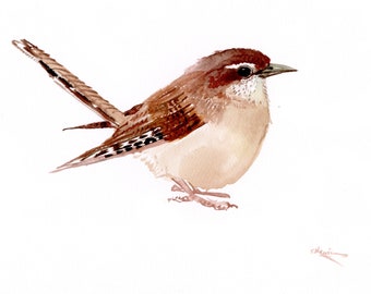 Carolina Wren watercolor artwork, handpainted wall art