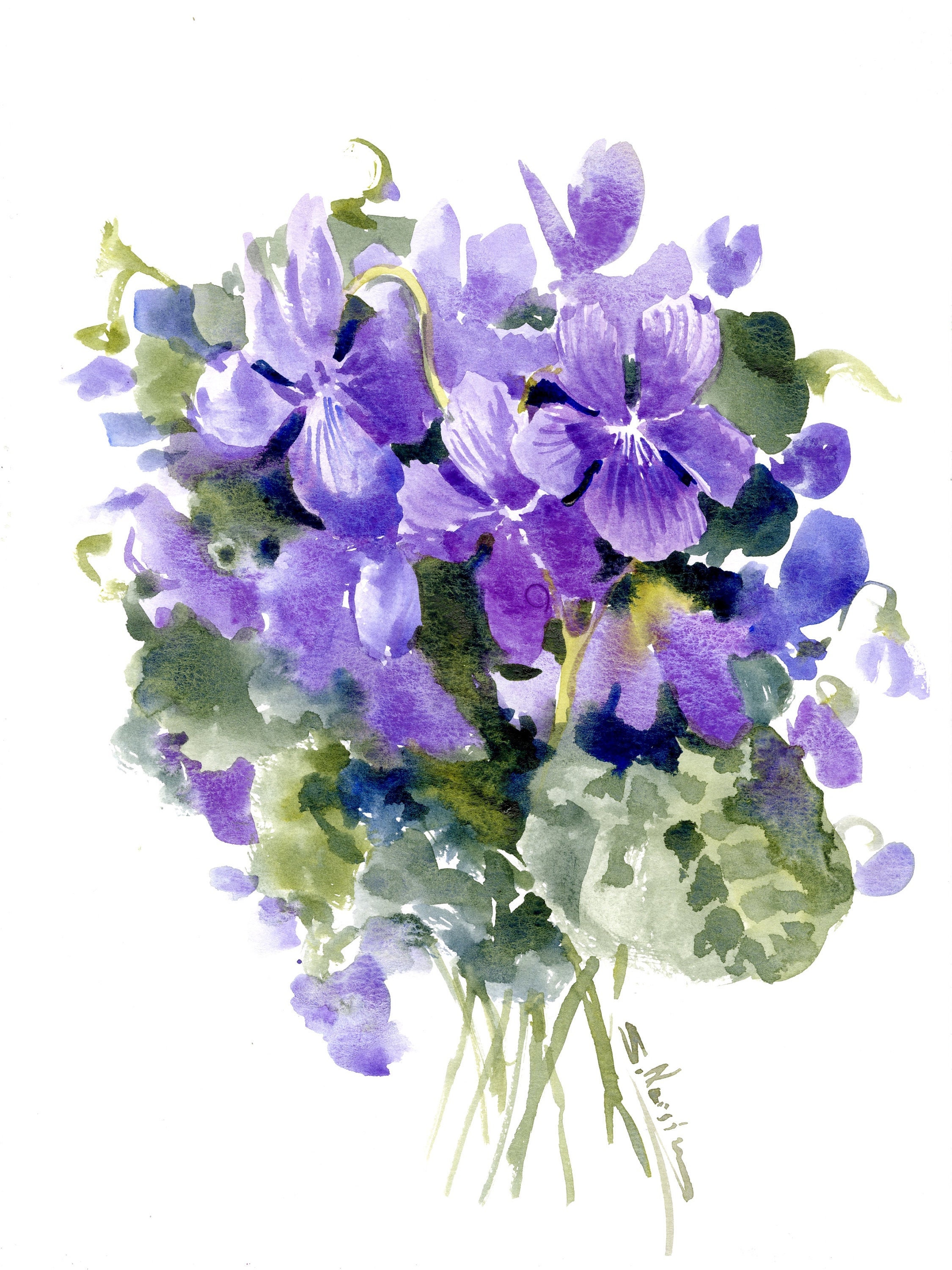 水彩画 すみれの花とシジュウカラ　値段は※900円です 水彩画の花、スミレ、オリジナル絵画 - Etsy 日本