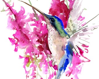 Hummingbird and Flowers watercolor artwork, original painting, bright pink floral wall art