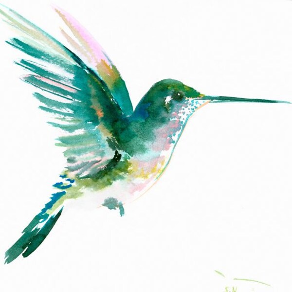 Flying Hummingbird 10" X 8" original watercolor painting