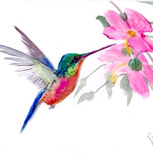 Hummingbird watercolor artwork, hummingbird lover gift, watercolor humingbird artwork