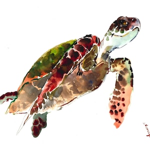 Oeuvre d&#39;art de tortue de mer, peinture originale de tortue nageant à l&#39;aquarelle