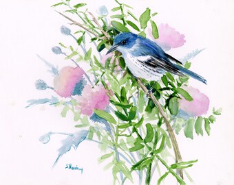 Cerulean Warbler Bird Watercolor artwork, original painting