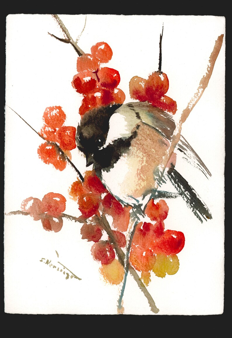 original watercolor painting chickadee bird artwork