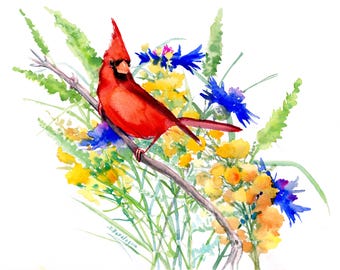 Cardinal Bird and Wild Flowers watercolor artwork, original, one-of-a-kind hand-painted watercolor art
