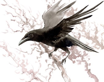 Flying Raven watercolor artwork, original painting., black and white raven lover gift home decor