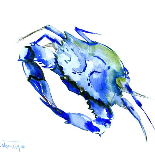 Kitchen art blue crab painting 10 x 8 in, original one of  a kind watercolor art, blue crab art