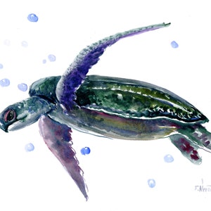 Sea turtle swimming artwork, original watercolor hand painte dunique wall art