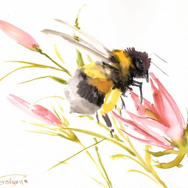 Bumblebee and flower, original watercolor painting, 8 X 10 in, bee lover art, bee painting, wildlife, yellow pink