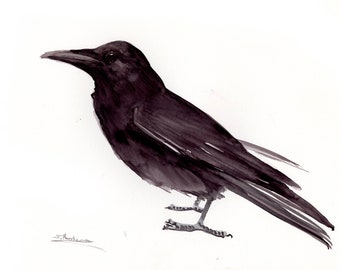 crow artwork, original watercolor black and white minimalist painting