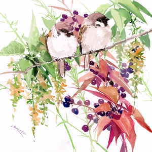 Sparrow Birds and Flowers watercolor artwork, original painting